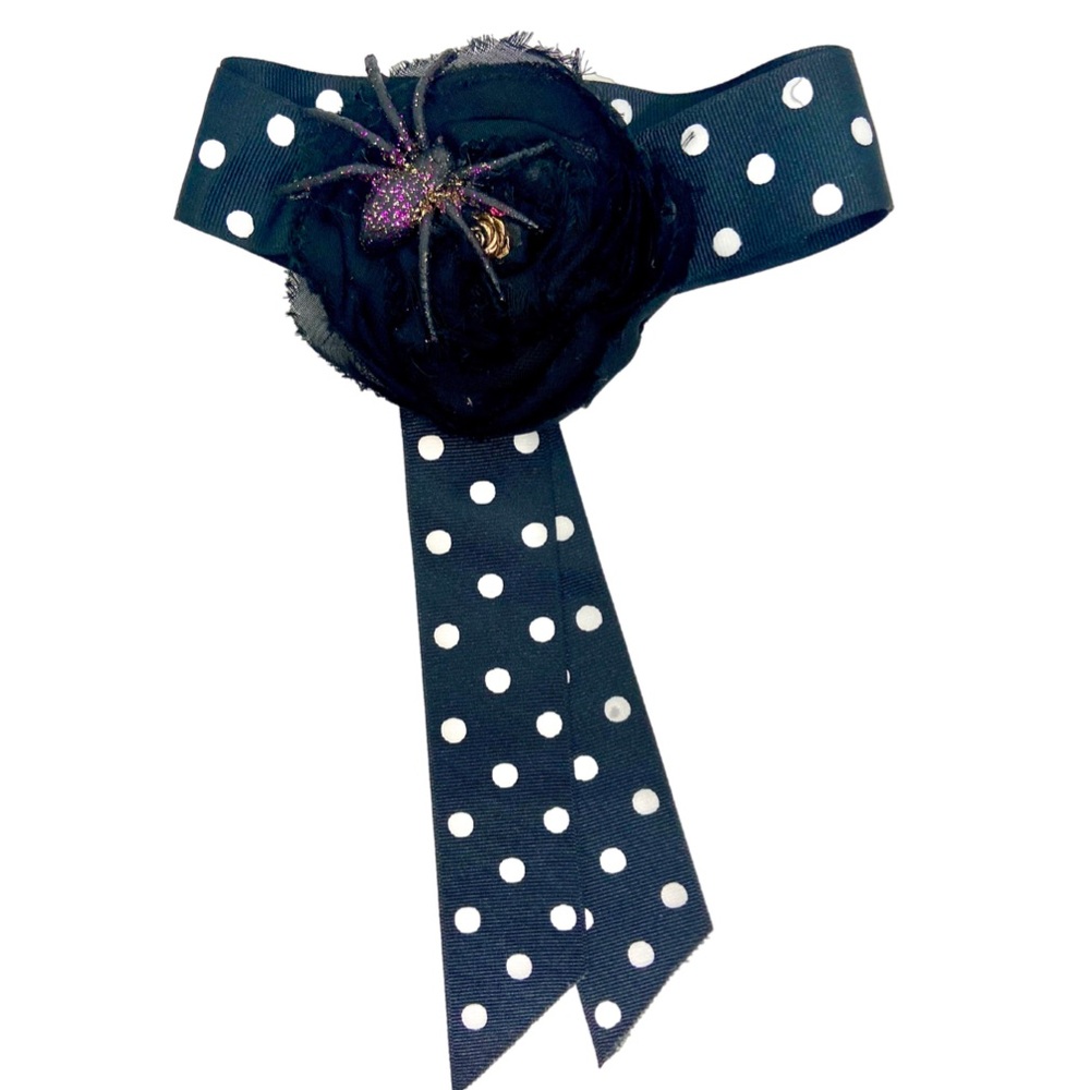 Spooky Chic Black Rose & Spider Polka Dot Choker Tie Necklace